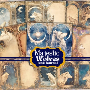 Könnte beinhalten: Ein Satz von 9 digitalen druckbaren Seiten mit weißen Wölfen, Monden und Sternen im Vintage-Stil. Die Seiten sind perfekt zum Erstellen eines Junk Journals oder zum Hinzufügen zu Ihren Kunstprojekten. Der Text auf dem Bild lautet "Majestic Wolves Junk Journal".
