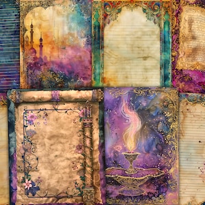 May include: A set of eight digital paper backgrounds featuring ornate gold frames and watercolour designs. The papers feature a variety of themes, including a crescent moon, a cityscape, a lamp, and a scroll. The papers are perfect for scrapbooking, card making, and other crafting projects.