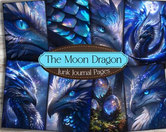 May include: A collage of digital paper featuring a blue and white moon dragon with stars and galaxy designs. The text "The Moon Dragon Junk Journal Pages" is in the center of the collage.