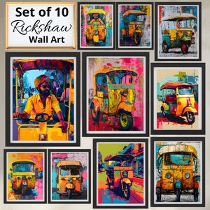 Puede incluir: Conjunto de 10 pinturas abstractas coloridas de rickshaws. Cada pintura presenta un diseño de rickshaw diferente con colores vibrantes y pinceladas audaces. Las pinturas están enmarcadas en marcos negros y están dispuestas en una cuadrícula en una pared.