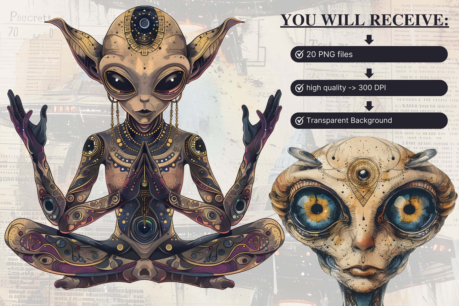 Vintage Alien Clip Art Vintage Aliens Clip Art Alien Digital Art Alien ...