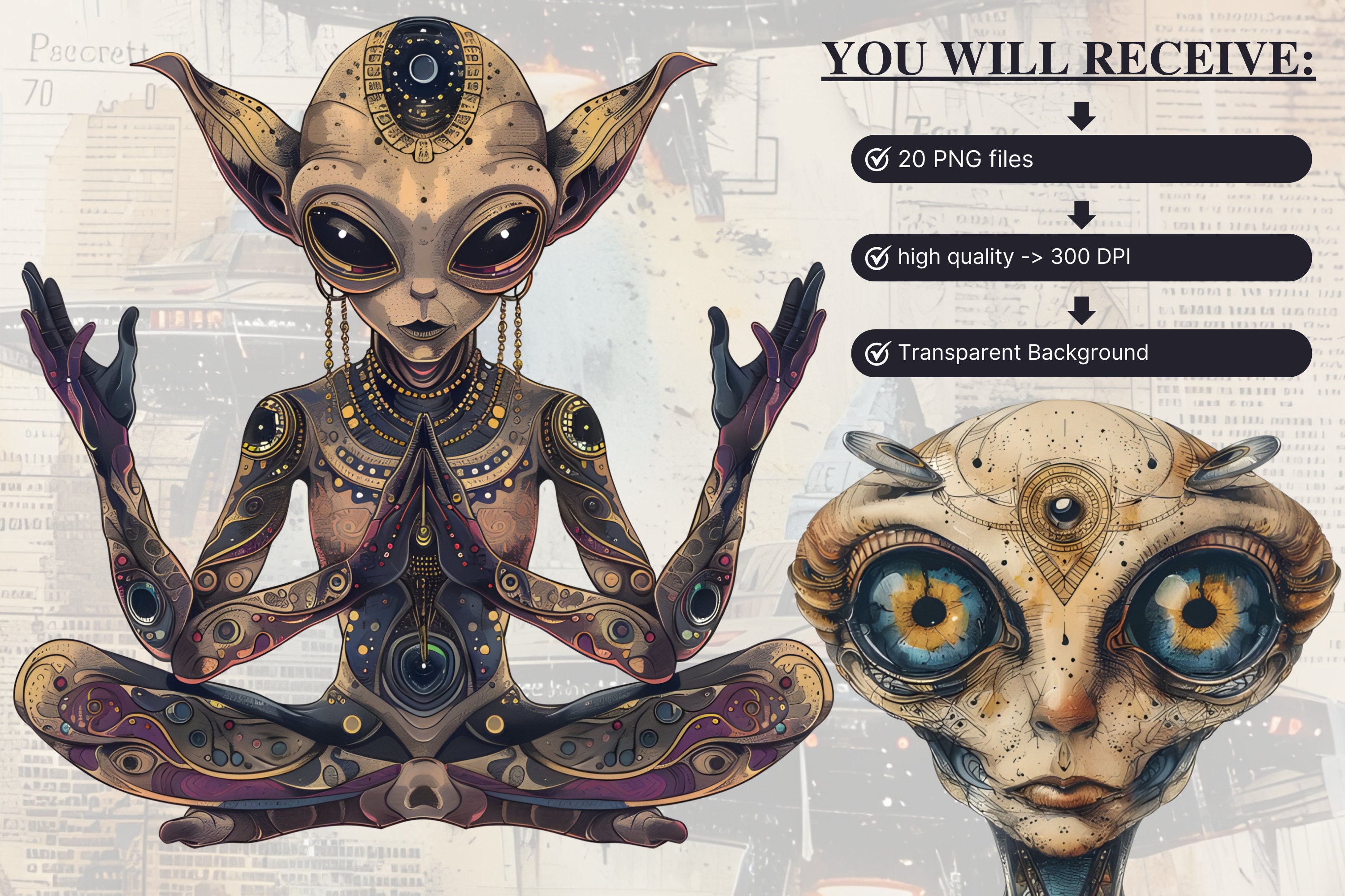Vintage Alien Clip Art Vintage Aliens Clip Art Alien Digital Art Alien ...