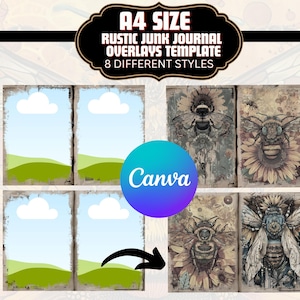 A4 Grey Toned Junk Journal Overlay Canva Template DIY Journal Making Cardboard Overlay Templates Double Page Journal Template Canva Template