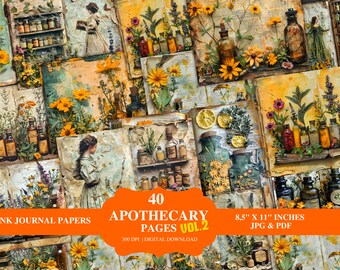 May include: 40 digital papers for junk journals featuring vintage apothecary bottles, flowers, and botanical illustrations. The papers are 8.5 inches by 11 inches and are available in JPG and PDF formats.