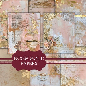 May include: A collage of rose gold papers with floral and script designs. The papers feature a mix of textures, including gold foil accents, and a color palette of pink, cream, and gold. The text "ROSE GOLD PAPERS" is displayed.