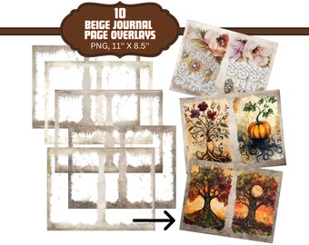 May include: Beige journal page overlays, 11 x 8.5 inches, with decorative floral and tree illustrations. The image includes a variety of designs, including a pumpkin, lace, and floral elements. The text reads "10 Beige Journal Page Overlays".