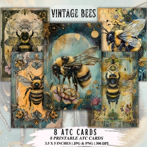Cartes ATC vintage bourdons, abeilles atc, cartes d'art atc fantaisistes, carte vintage chic, reine des abeilles Atc, abeille imprimable Atc, ATC Shabby Chic
