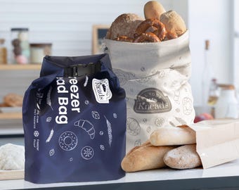 2 bolsas grandes reutilizables para guardar pan, 1 bolsa de lino natural, 1 bolsa de congelación de rPET reciclado.