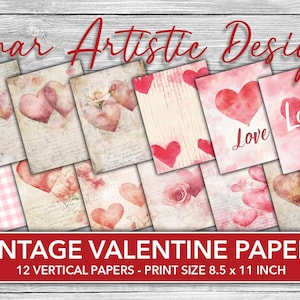 Valentine Vintage Papers: Hearts Scrapbook, Junk Journal (PDF)