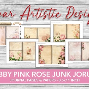 Shabby Pink Rose Junk Journal Kit, No-Sew Vintage Printable, Floral Ephemera Pages, DIY Scrapbook Kit, Digital Download