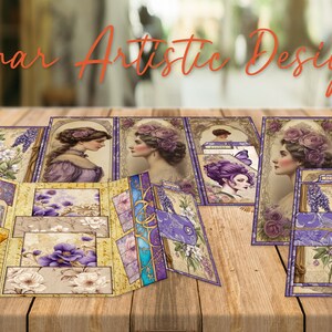 Fiori, donne, vecchie carte nei toni dell'oro lilla, kit diario, kit stampabili per la lavorazione dell'oro lilla, kit artigianale di carta stampabile per abbellimenti