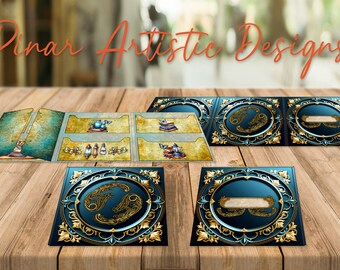 May include: A set of six decorative folders with a blue and gold design. The folders are open to reveal a variety of images, including books, teacups, and other objects. The folders are labelled "Pinar Artistic Designs".