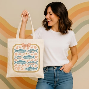 Sardines & Bows Cotton Canvas Tote Bag: Coquette Fisherman Style