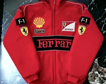 Chaqueta de carreras Ferrari roja Estilo vintage Bombardero Nascar negro, Chaqueta Ferrari F1, Chaqueta de carreras unisex, Regalo de fan de carreras de los años 90 Y2K, Mercancía de F1