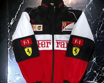 Blouson de course blanc Ferrari style vintage bombardier Nascar noir, veste F1 Ferrari, veste de course unisexe, cadeau pour fan de course des années 2000 des années 90, produits dérivés F1