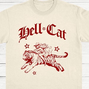 Hell Cat vintage T-shirt, shirt cowgirl paardrijden tijger, retro jaren 90 cowboy kat T-shirt, western grafisch T-shirt, schattig Y2k T-shirt, uniseks T-shirt