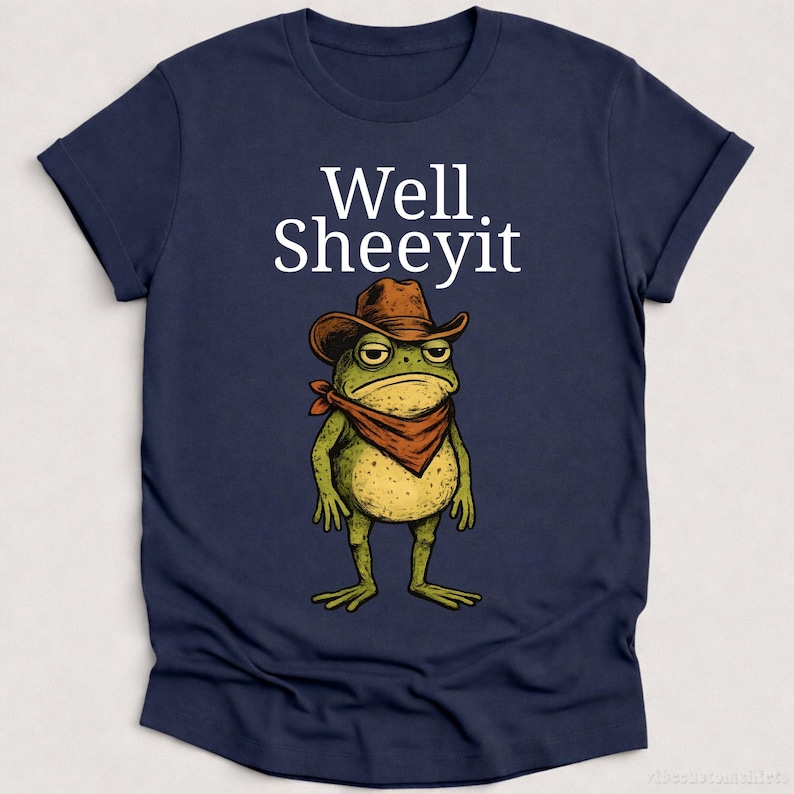 K&ouml;nnte beinhalten: Marineblaues T-Shirt mit einer Cartoon-Fr&ouml;schin, die einen Cowboyhut und ein rotes Halstuch tr&auml;gt. Der Text "Well Sheeyit" ist &uuml;ber dem Frosch aufgedruckt. Der Frosch hat einen m&uuml;rrischen Gesichtsausdruck.