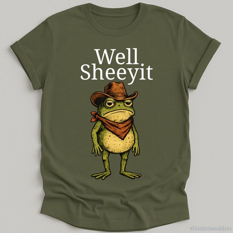 K&ouml;nnte beinhalten: Olivgr&uuml;nes T-Shirt mit einer Cartoon-Frosch, der einen Cowboyhut und ein rotes Halstuch tr&auml;gt. Der Text "Well Sheeyit" ist &uuml;ber dem Frosch aufgedruckt. Das T-Shirt hat hochgekrempelte &Auml;rmel.