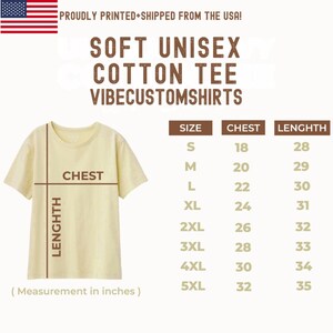 May include: Size chart for a unisex cotton t-shirt. The chart shows chest and length measurements in inches for sizes S through 5XL.