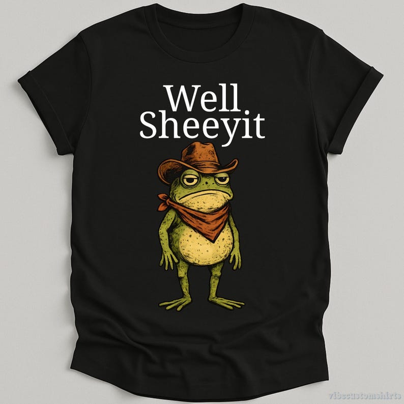 K&ouml;nnte beinhalten: Schwarzes T-Shirt mit einer Cartoon-Frosch, der einen Cowboyhut und ein rotes Halstuch tr&auml;gt. Der Text "Well Sheeyit" ist &uuml;ber dem Frosch aufgedruckt. Der Frosch hat einen m&uuml;rrischen Gesichtsausdruck.