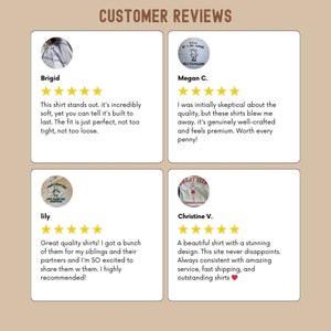 May include: Four customer reviews for a clothing company. Each review includes a star rating, a customer name, and a short review. The reviews are about the quality, fit, and design of the shirts.