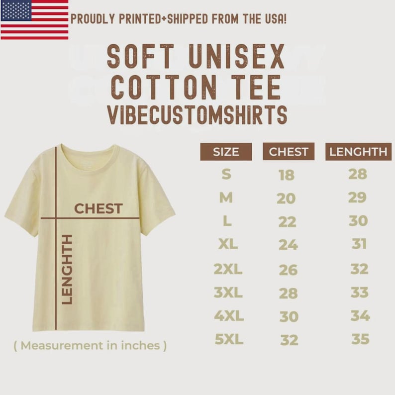 K&ouml;nnte beinhalten: Hellgelbes Unisex-Baumwoll-T-Shirt mit Brust- und L&auml;ngenma&szlig;en in Zoll. Der Text auf dem Shirt lautet "SOFT UNISEX COTTON TEE VIBECUSTOMSHIRTS". Gr&ouml;&szlig;entabelle mit Brust- und L&auml;ngenma&szlig;en.