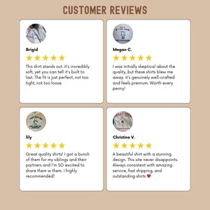 May include: Four customer reviews for a clothing company. Each review includes a photo of the customer wearing the shirt, a star rating, and a written review. The reviews are positive and highlight the quality, fit, and design of the shirts.