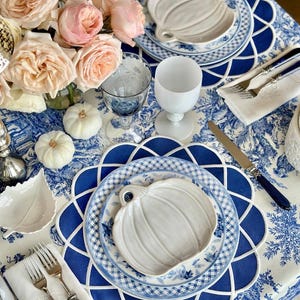 Navy blue scalloped placemat set styled for an elegant Mother’s Day table with gold cutlery and fine china, waterproof embroidered table decor, ready to ship with fast US delivery
