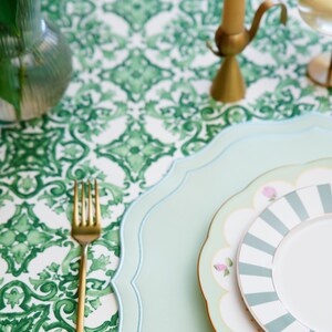 Elegant Dining Table Featuring PNR Decor’s Orchid Light Green Faux Leather Placemat – Scalloped Edge Design with Silk Embroidery, Waterproof and Perfect for Event Planners and Hospitality Use