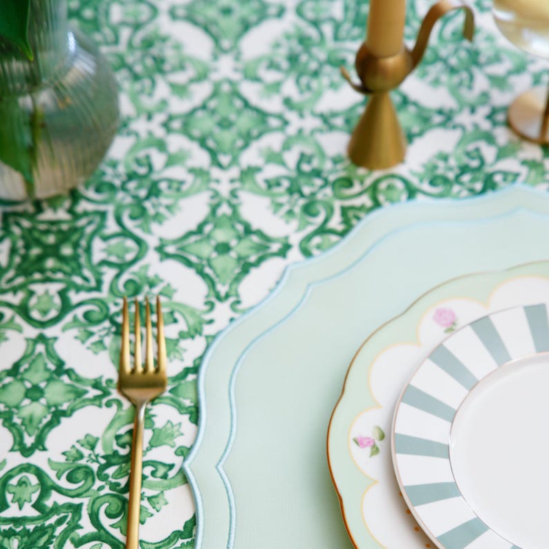 Elegant Dining Table Featuring PNR Decor’s Orchid Light Green Faux Leather Placemat – Scalloped Edge Design with Silk Embroidery, Waterproof and Perfect for Event Planners and Hospitality Use