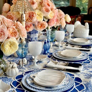 Navy blue scalloped placemat set styled for an elegant Mother’s Day table with gold cutlery and fine china, waterproof embroidered table decor, ready to ship with fast US delivery