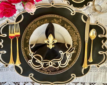Celestia Black Faux Leather Embroidered Placemat Linen Napkin Set Rectangle Mat by PNR DECOR