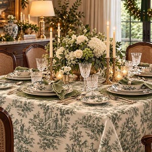 May include: A dining table set with a cream-colored tablecloth featuring a green toile de jouy pattern. The table includes white plates with green floral rims, clear crystal glasses, green scalloped napkins, and brass candlesticks with white taper candles.