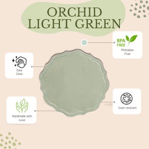 Orchid Light Green Scalloped Faux Leather Placemat with BPA-Free and Easy-Clean Icons – Eco-Friendly Handmade Table Decor by PNR Decor for Events and Home