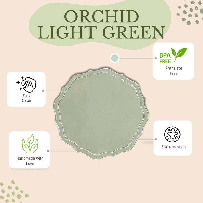 Orchid Light Green Scalloped Faux Leather Placemat with BPA-Free and Easy-Clean Icons – Eco-Friendly Handmade Table Decor by PNR Decor for Events and Home