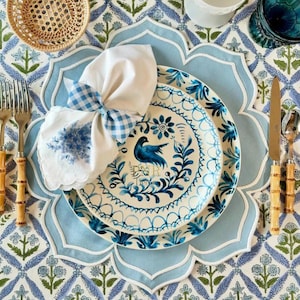 Lumera Blue White Handmade Fabric Placemat Scalloped Edge Waterproof Embroidered Table Placemat for Dinning Table Decor