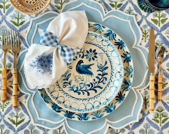 Lumera Blue White Handmade Fabric Placemat Scalloped Edge Waterproof Embroidered Table Placemat for Dinning Table Decor