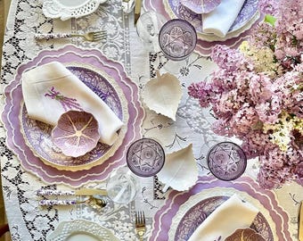 Lavender Scalloped Placemat Set of 4, Waterproof Embroidered Table Decor, Romantic Table Setting, Mother’s Day Gift