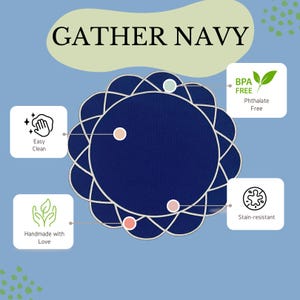 Gather navy placemat infographic with waterproof, BPA-free, easy-clean features and embroidered scalloped design