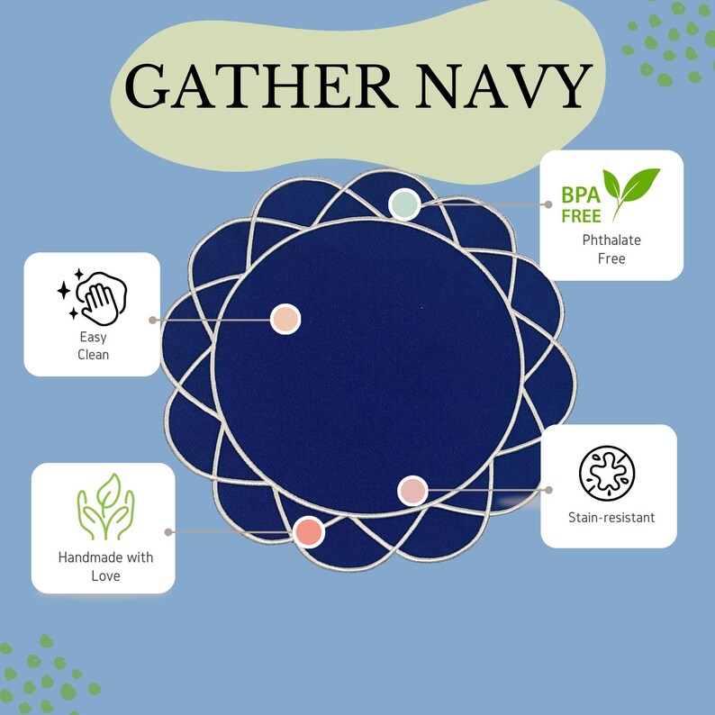 Gather navy placemat infographic with waterproof, BPA-free, easy-clean features and embroidered scalloped design