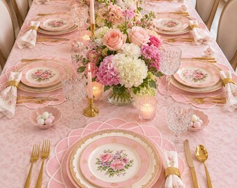 Gather Pink Handmade Fabric Placemat Scalloped Waterproof Embroidered Personalized Table Placemat by PNR DECOR