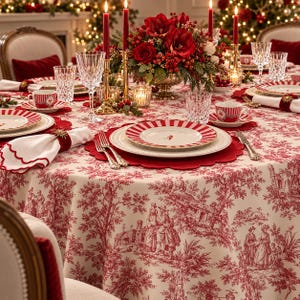 Red Toile Duck Fabric Tablecloth – Vintage Chinoiserie Dining Linen (70x110)