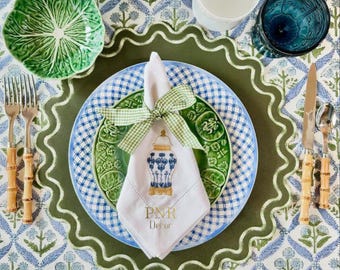 Elysian Green Handmade Embroidered Faux Leather Placemat Scalloped Edge Table Mat  by PNR DECOR