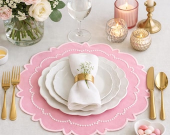 Harmony Light Pink Scalloped Cotton Placemat Handmade Embroidered Dining Decor Mat by PNR DECOR