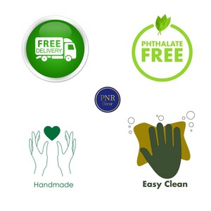 May include: Green and white logo with the text "FREE DELIVERY" and a small truck icon. Green and white logo with the text "PHTHALATE FREE". Blue logo with the text "PNR Decor". Line drawing of two hands holding a green heart with the text "Handmade". Green and yellow illustration of a hand holding a sponge with the text "Easy Clean".