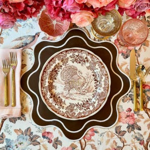 Haven Brown Embroidered Faux Leather Placemat Scalloped Edge, Elegant Dining Accent by PNR DECOR