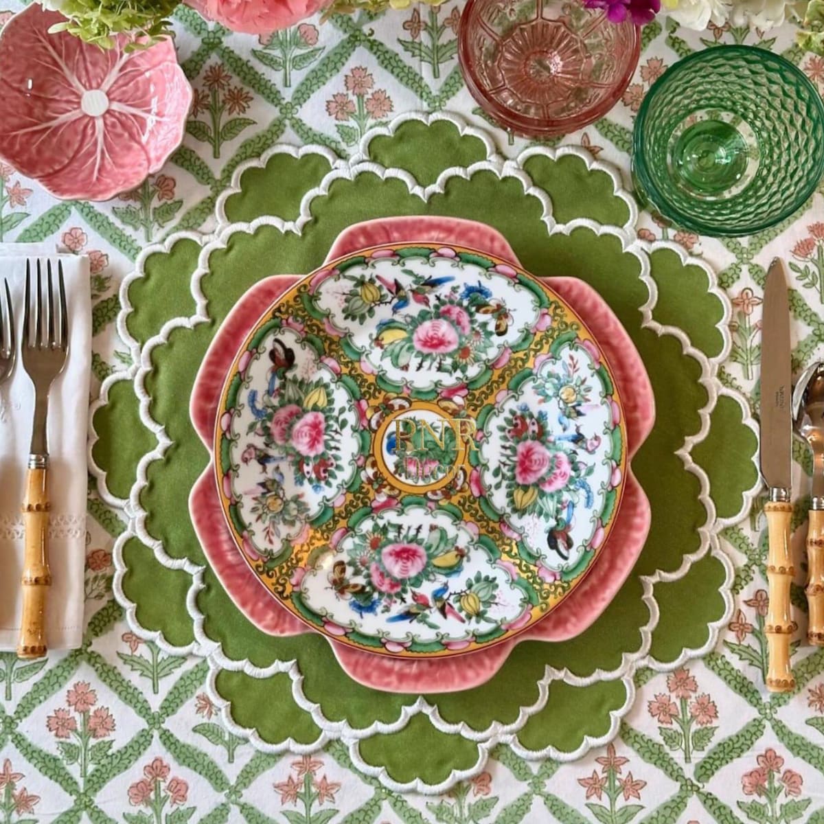 12 Cressida Green White Placemats for Dinning Table- SET OF 12