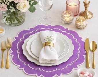 Harmony Purple Handmade Fabric Placemat Scalloped Waterproof Embroidered Personalized Table Placemat by PNR DECOR