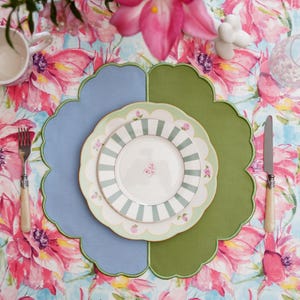 Duality Green & Blue Handmade Embroidered Cotton Placemat – Scalloped Edge Mat by PNR DECOR