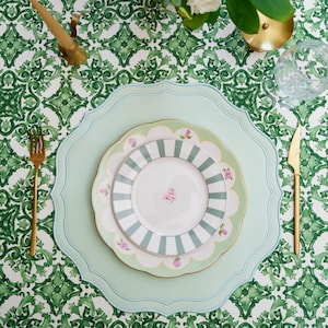 PNR Decor Orchid Light Green Handmade Faux Leather Placemat with Scalloped Edge – Luxury Table Setting with Elegant Plates and Gold Cutlery on Green Damask Tablecloth, Perfect for Wedding or Event Decor